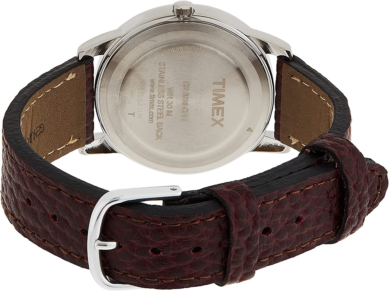 Timex Men's Easy Reader 35mm Day-Date Watch – Silver-Tone Case White Dial with Dark Brown Leather Strap - image 4 of 6