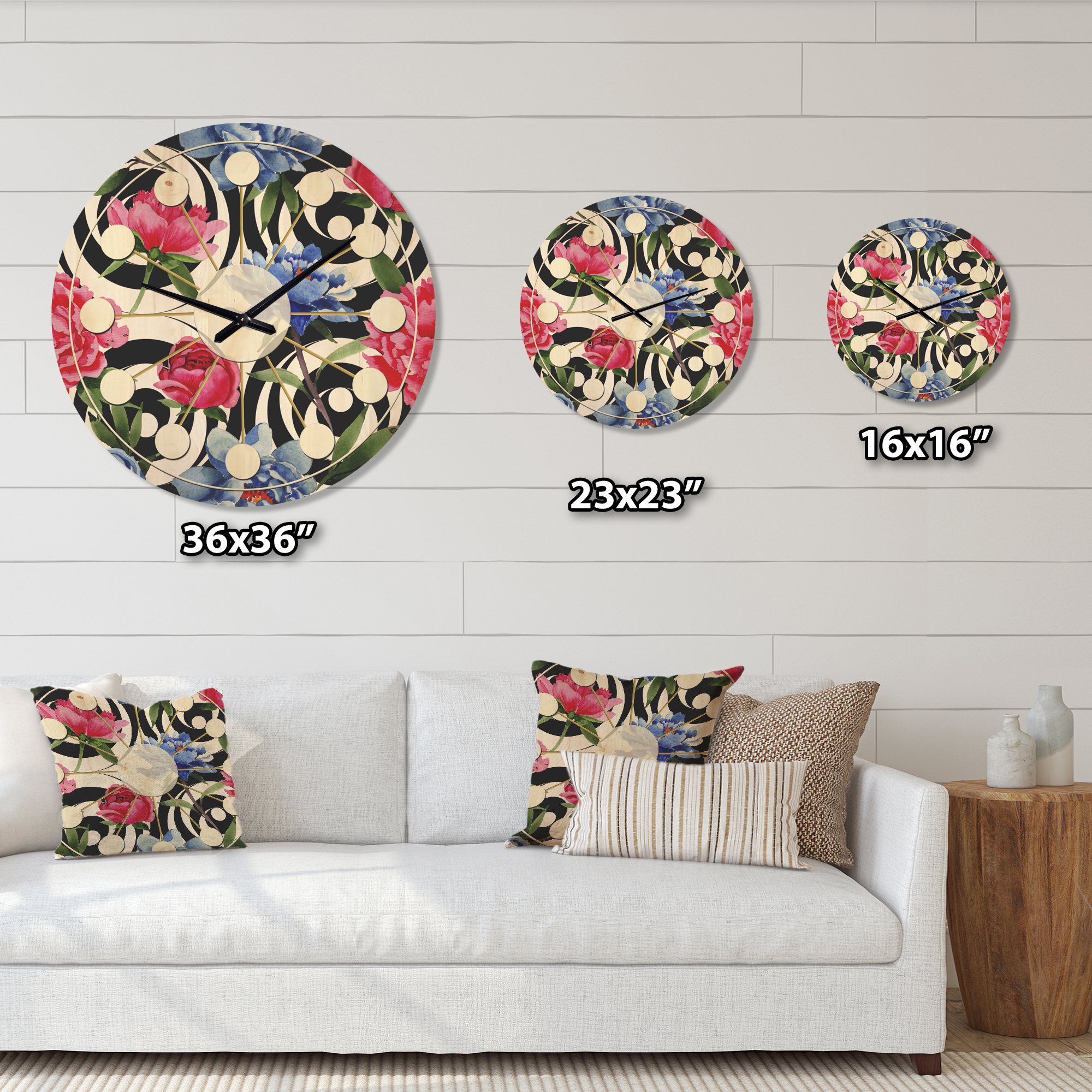 Designart 'Retro Pattern Over Floral I' Mid-Century Modern Wood Wall Clock