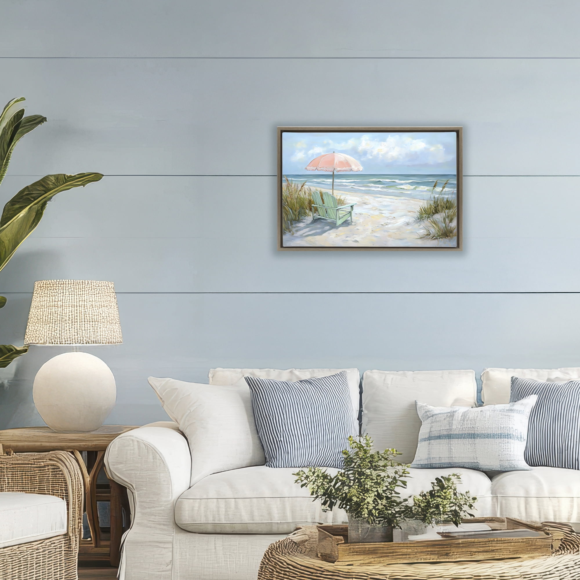 Stupell Industries Seaside Chair & Pink Umbrella Brown Framed Floater Canvas Wall Art, design by Creative Studio