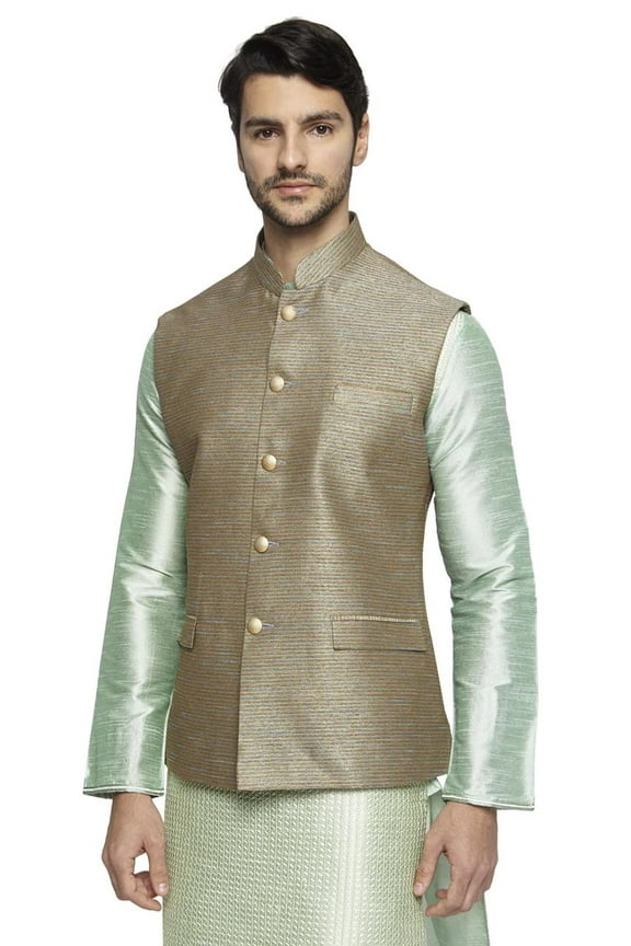 Men's Handmade Banded Collar Fine Horizontal Stripe Nehru Jacket Vest; XS