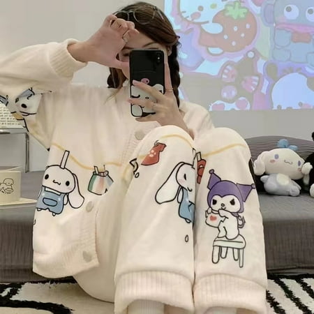 

Sanrio Kawaii Y2K Kuromi Cartoon Plush Pajamas Cinnamoroll Nightwear Homewear Sleepwear Two Piece Set Girl Winter Coral Velvet