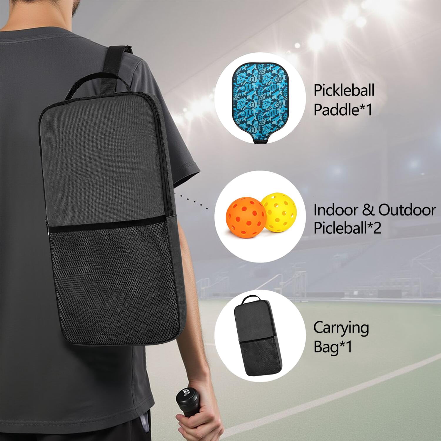 Pickleball Paddles Set Of 1, Fiberglass Surface, Camouflage Print, 1 Paddle, 2 Balls & Bag