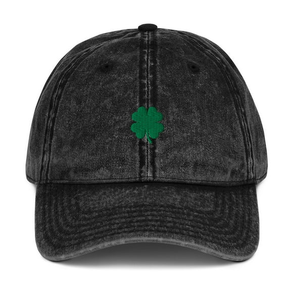 Four Leaf Clover Embroidered Vintage Cotton Twill Cap (Black)