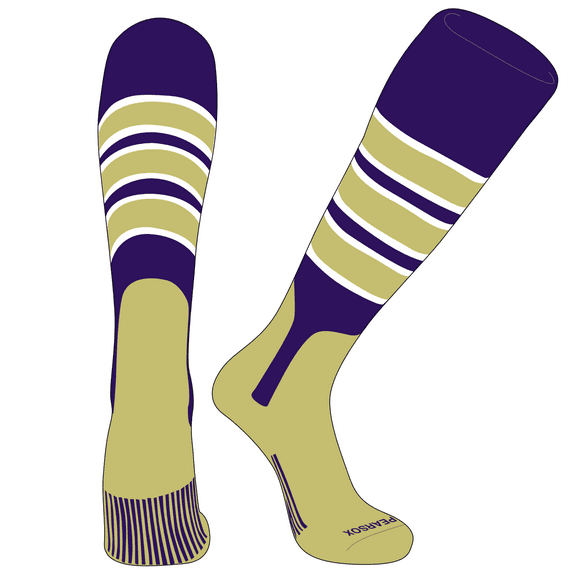 PEAR SOX OTC Baseball Softball Stirrup Socks (C, 7in) Purple, White, Vegas Gold, Vegas Gold