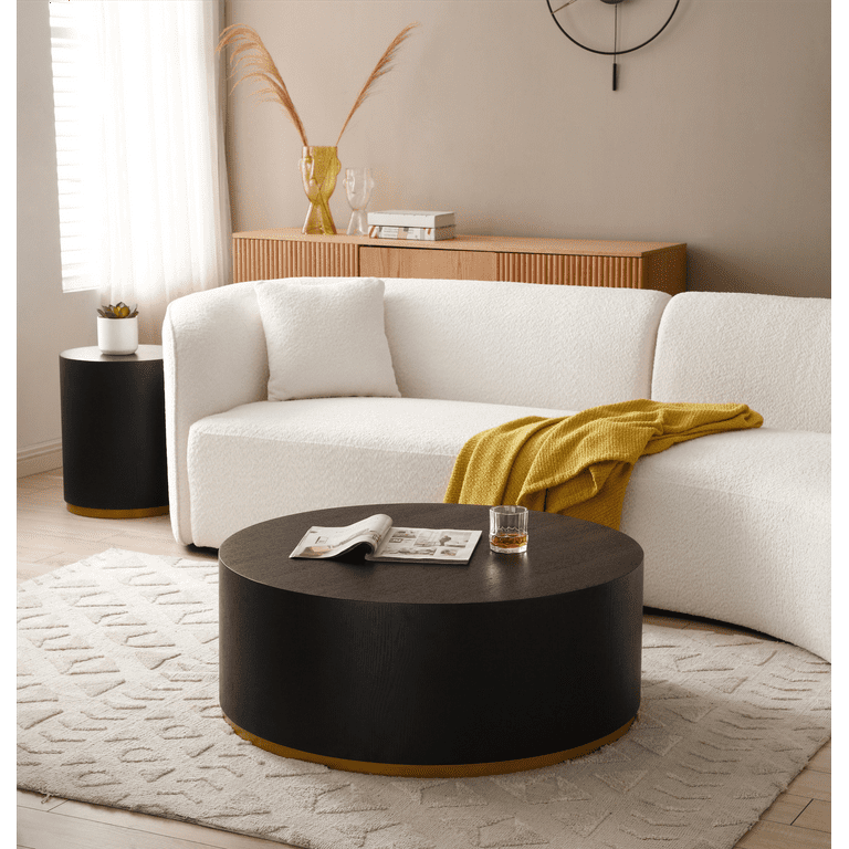 Kevinplus Stylish Black Coffee Table Gold Rim Round Wood Side Table for Living Room No Assembly Required Walmart