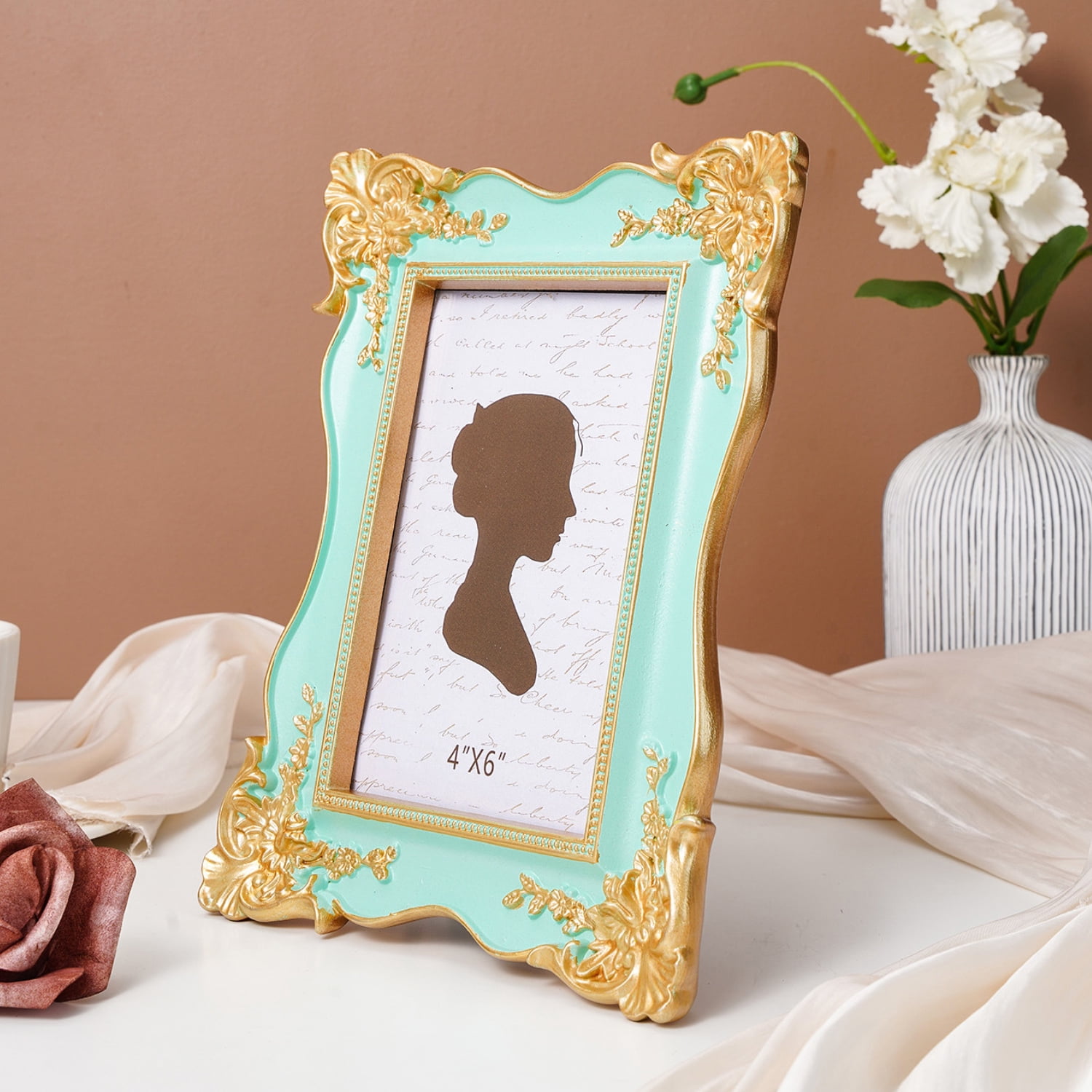 4x6in Vintage Ornate Picture Frame, French Rococo Style Resin Tabletop Photo Frame with Stand, Gold Relief Floral Design, Desktop Decor,Blue