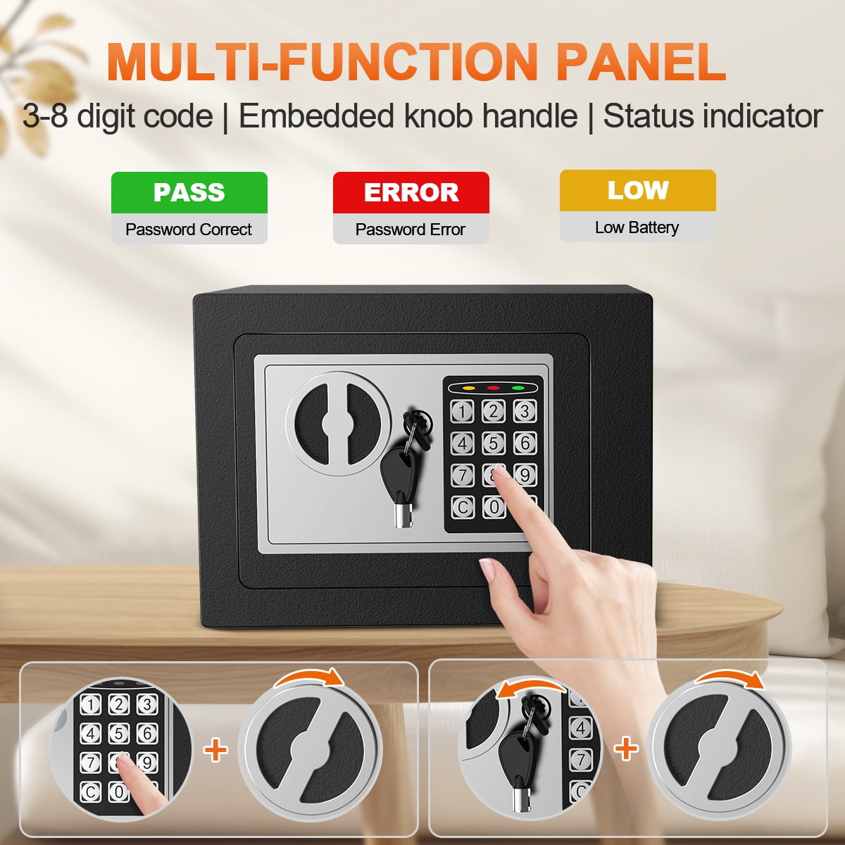 RXDSAFE Electronic Digital Safe Box, 0.25 Cubic Feet Home Security Box for Office Hotel Business, Lock Box with Key Keypad for Cash Jewelry Black