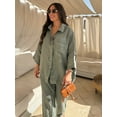 thumbnail image 1 of Conjunto de 2 piezas de pantalón con cintura elástica para mujer, camiseta de manga larga con cuello de pico y solapa, traje holgado para el hogar, 1 of 3