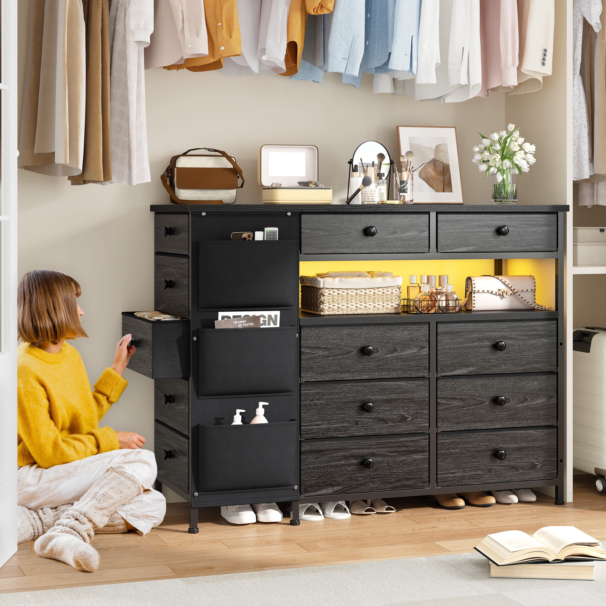 EnHomee Dresser for Bedroom with 13 Drawers and LED Lights Black Dressers & Chests of Drawers Fabric Dresser for Closet,43.3"L x 11.8"W x 40.2"H