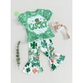 thumbnail image 3 of FEORJGP Kids Baby Girl Irish Day Outfits 9M 1T 2T 3T 4T Toddler Short Sleeve T-Shirt Letter Print Shirt Crew Neck Tops and Four-Leaf Clover Print Flare Pants Infant Cute Summer Clothes, 3 of 9