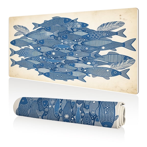 LIVEKEY Mouse Pad 80x40cm Extra Large Non Slip Stitched Edges Full Coverage Durable Easy Clean Blue Fish Pattern Art for Gaming Office