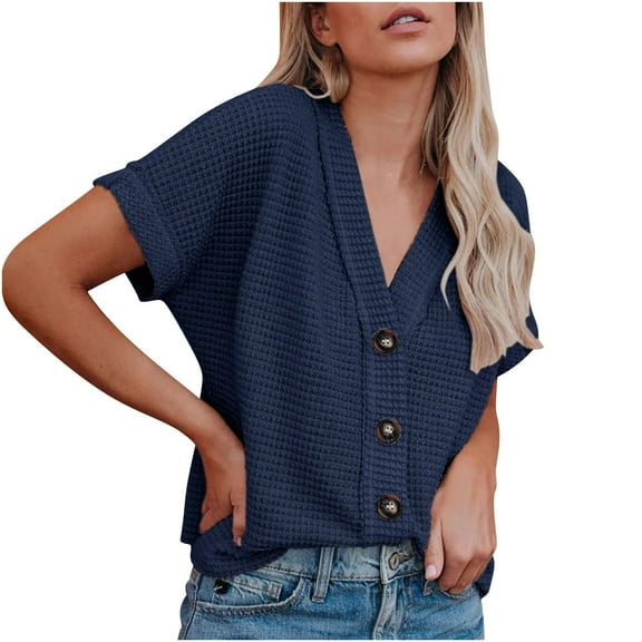 Yuzhih Tops for Women Summer Knit Button down Shirts Casual V Neck Short Sleeve Shacket Jacket Blouses