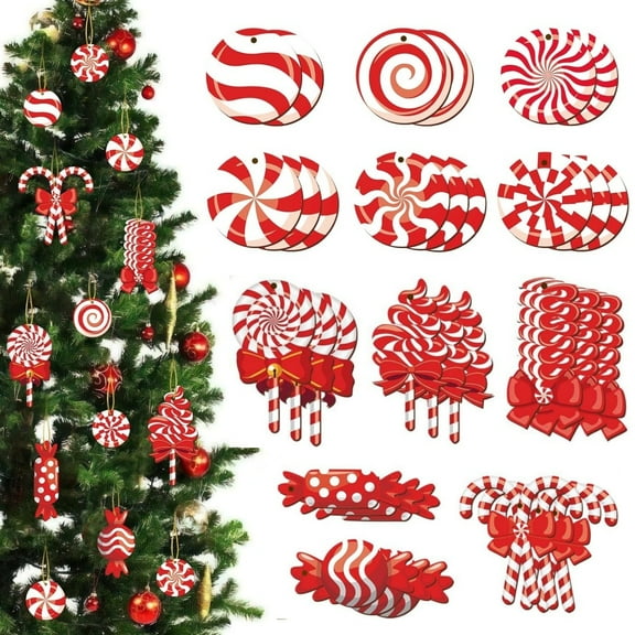 Topboutique Christmas Candy Ornaments Candy Cane 36 Pieces Christmas Wooden Cane Lollipop Christmas Tree Ornaments Hanging Wood Decorations Xmas Peppermint Cutouts for Xmas Tree Decor,Red and White