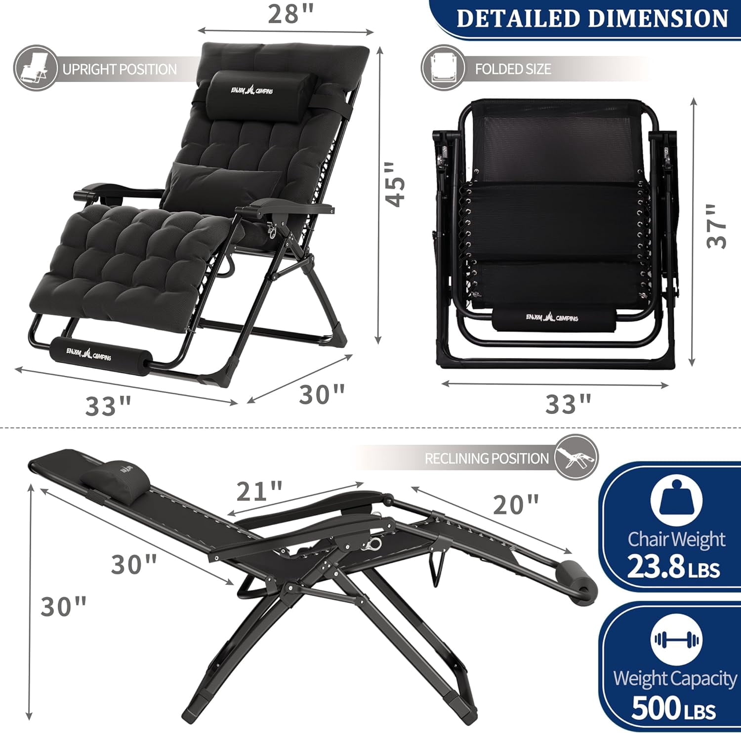 UDPATIO Oversized Zero Gravity Chair 33In XL Patio Reclining Chair , Support 500LB