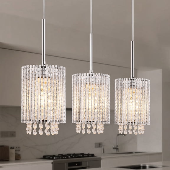 LOHASLED 6.3in 1-Light Polished Chrome Crystal Modern Pendant Lights for Home DIY, Hanging Lamp Kitchen Island Dining Room (3-Pack)