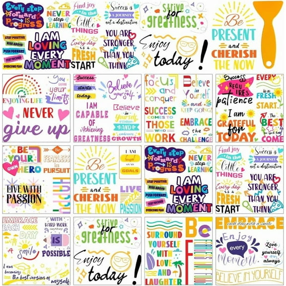 12 Sheets Rub On Transfer Stickers with Scraper School Theme Stickers with Motivational Quotes Positive Affirmations for Study Room Bookstore School Window Decoration 5.5x5.5 colorful DIY