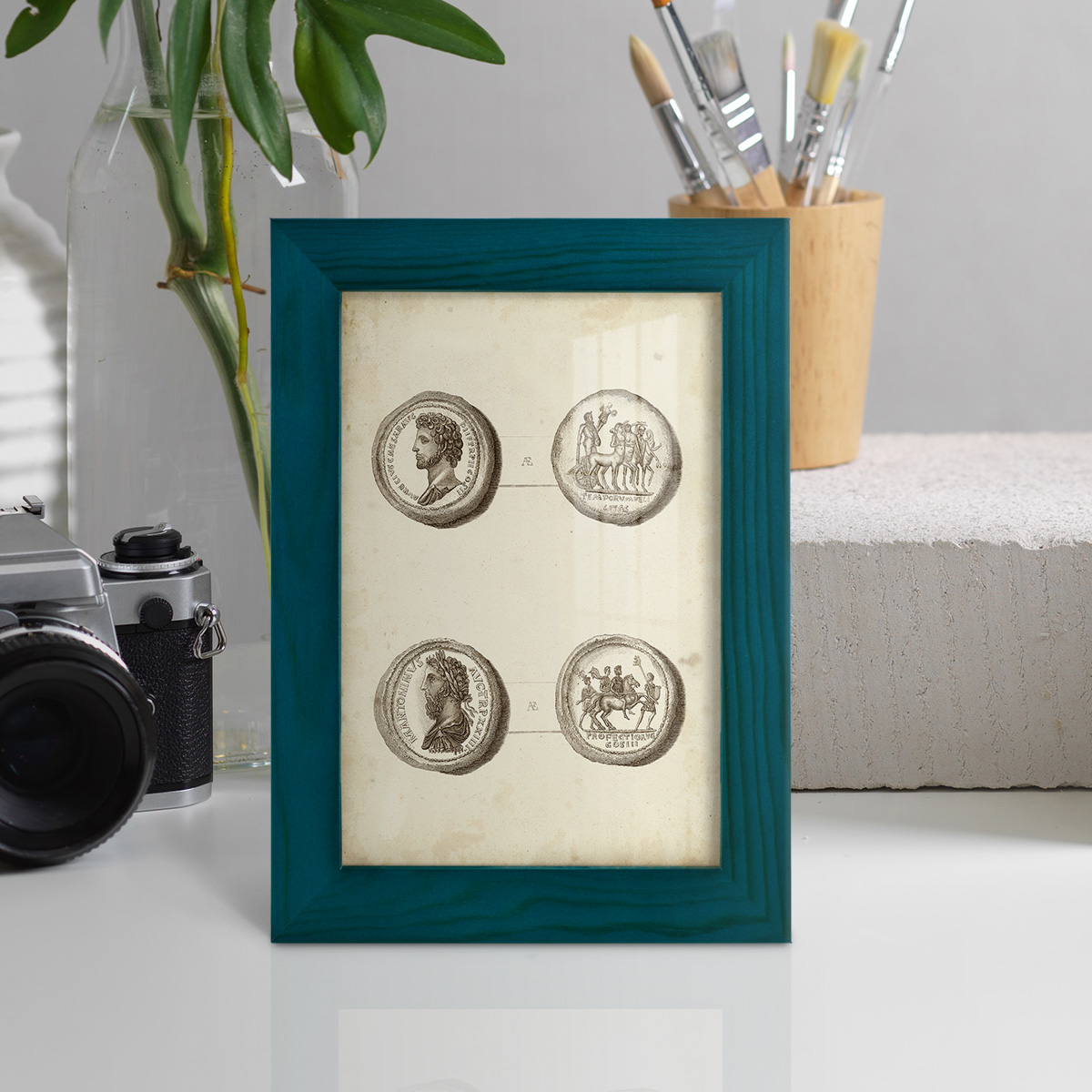 Antique Roman Coins VI -Framed Print w/glass-Ocean Blue