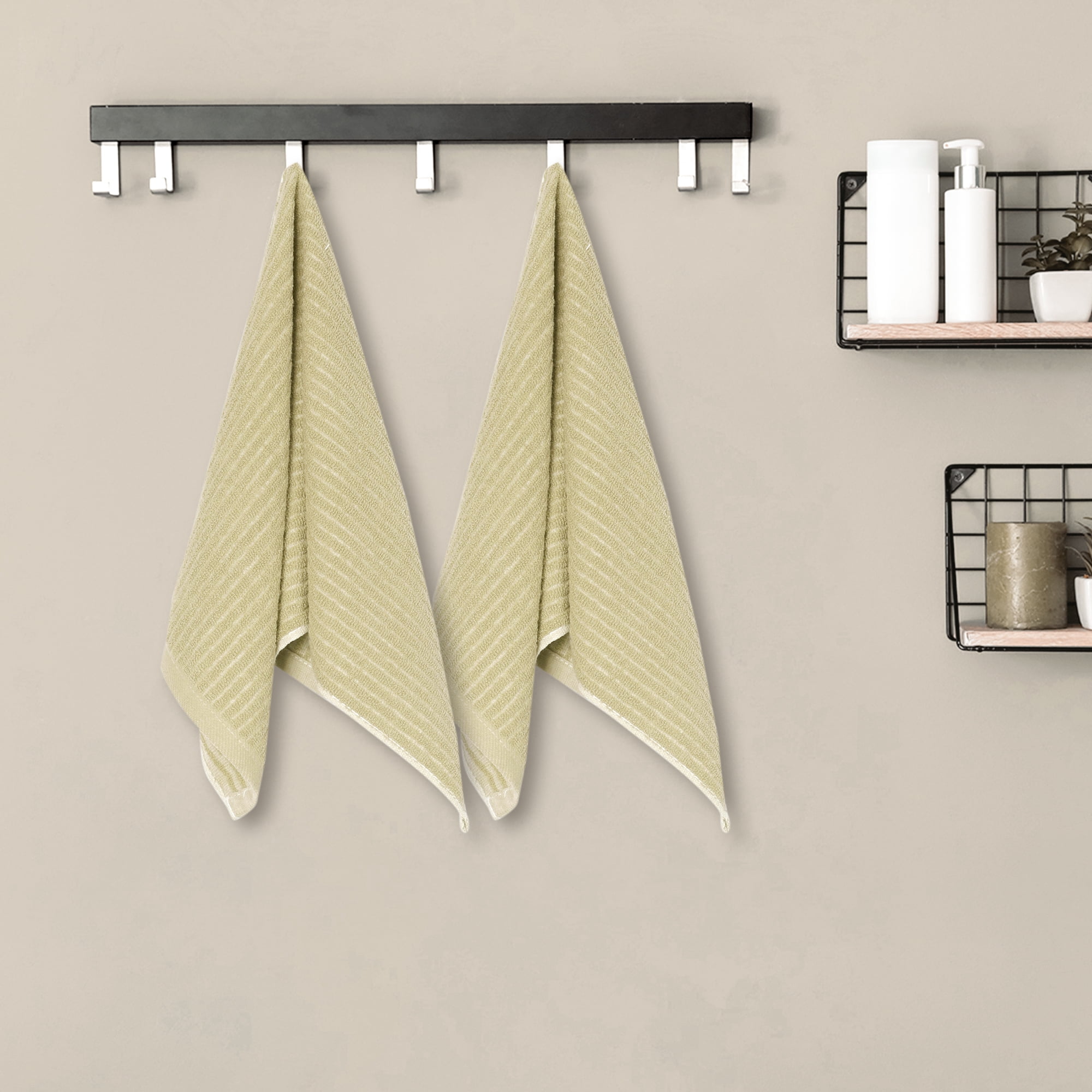 Unique Bargains Striped Pattern 2 Pack Hand Towels Absorbent and Quick Drying Towel Khaki 13" x 29"