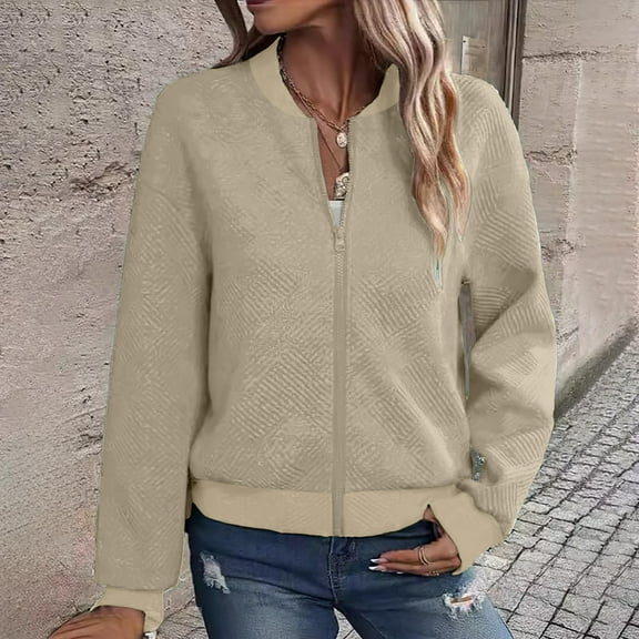 Blmnix Winter Jackets for Woman Lightweight Beige Zip up Short Solid Long Sleeve Motorcycle Jackets for Women Casual