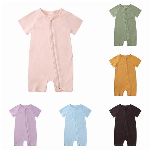 Ticikt Baby Bamboo Fiber Short Sleeve Romper, Solid Ribbed Zip Up Newborn Infant Summer Onesie Jumpsuit,Pink