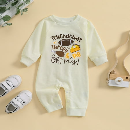 

Lamuusaa Baby Boys Autumn Casual Jumpsuit Infant Beige Long Sleeve Crew Neck Letter Rugby Print Romper