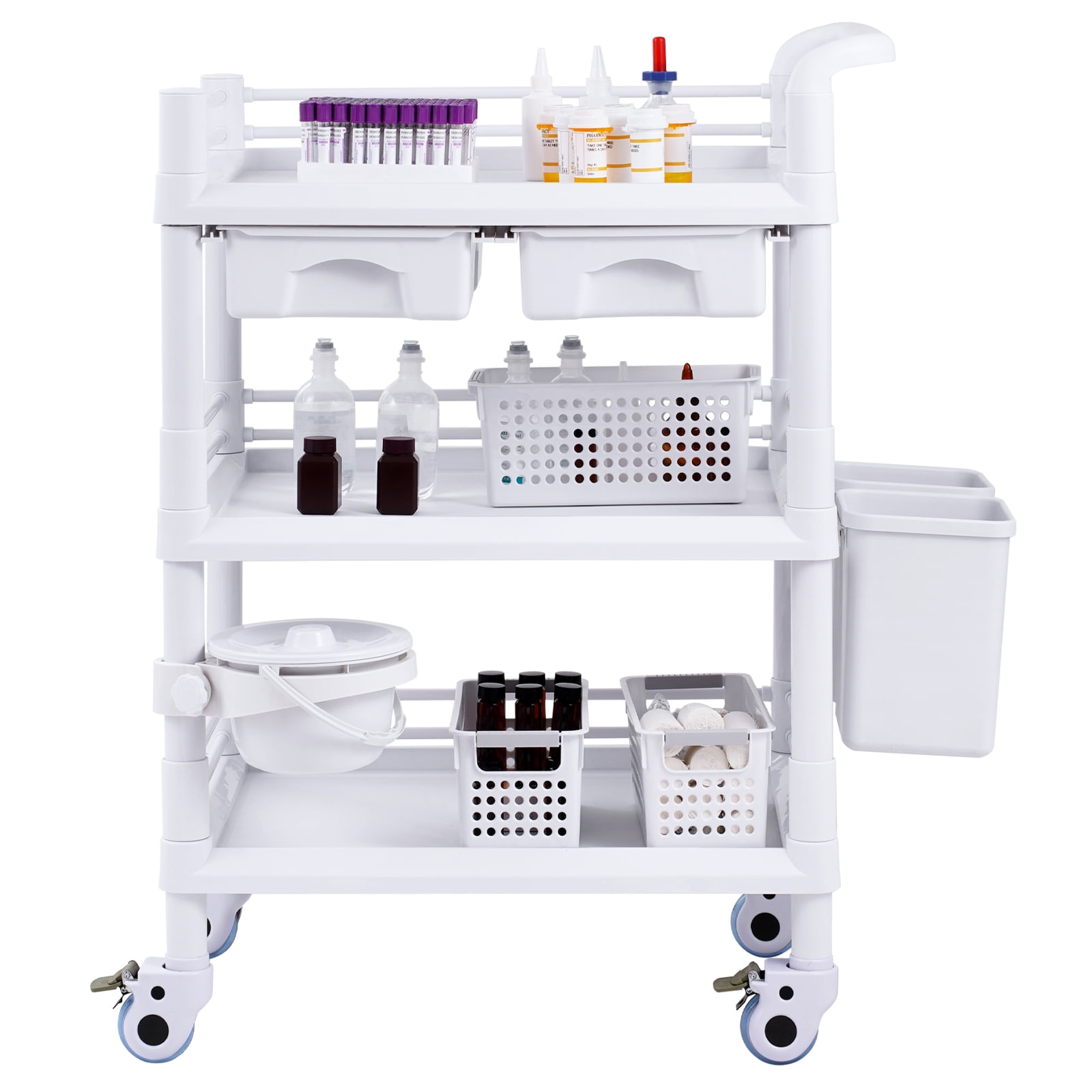 VEVOR 3 Tiers Lab Carts, Lab Utility Cart with 3 Trays & 4 Silent Wheels, Mobile Medical Cart with PP Material, Lab Rolling Cart with 3 Trash Cans for Lab, Clinic, Hospital, Salon, White