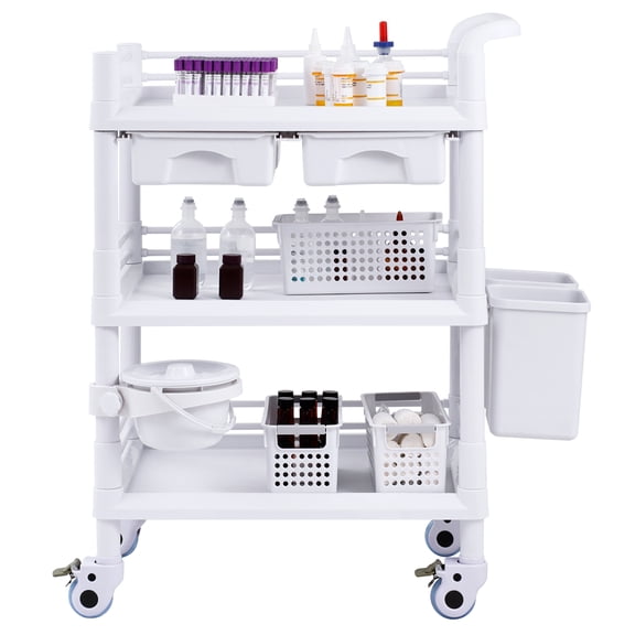 KFFKFF 3-Level Laboratory Trolleys, Utility Trolley with 3 Shelves & 4 Noiseless Casters, Portable Healthcare Trolley Made of PP Material, Laboratory Wheeled Trolley with 3 Waste Bins, White