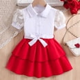 thumbnail image 3 of LYHaoo Girls Two Piece Outfit Floral Lace Sleeve Blouse With Bow Tie Red Pleated Skirt For，Girls Casual Dresses Sizes 3-4 Years White, 3 of 7