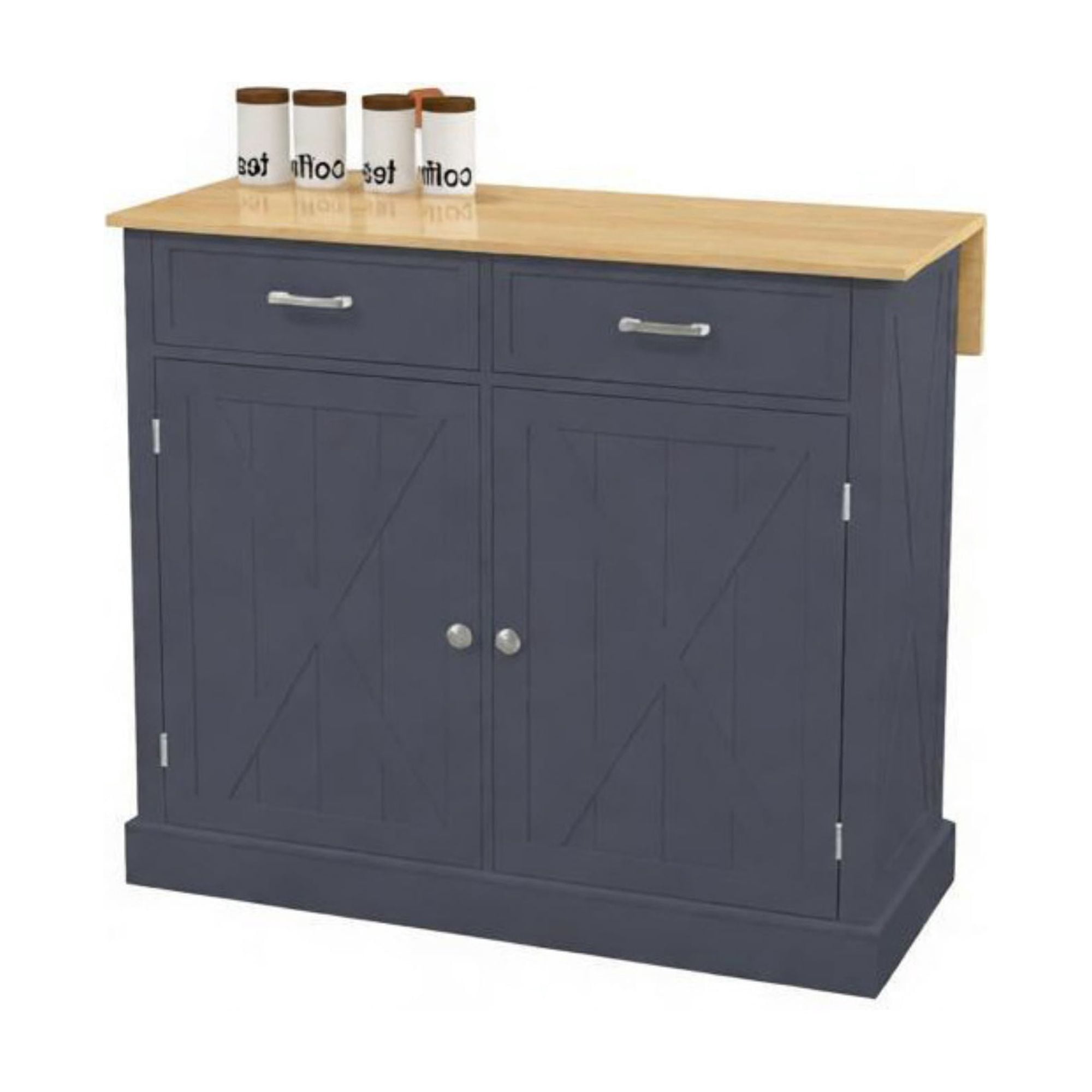 Farmhouse Kitchen Cart, Rolling Island with Drop Leaf Wood Breakfast Bar, 2 Drawers & Adjustable Shelves, Dark Gray