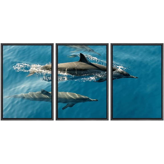 wall26 Framed Canvas Print Wall Art Set Tropical Sea Ocean Wave Underwater Dolphins Nature Animals Photography Realism Rustic Landscape Colorful for Living Room, Bedroom, Office - 24"x36"x3
