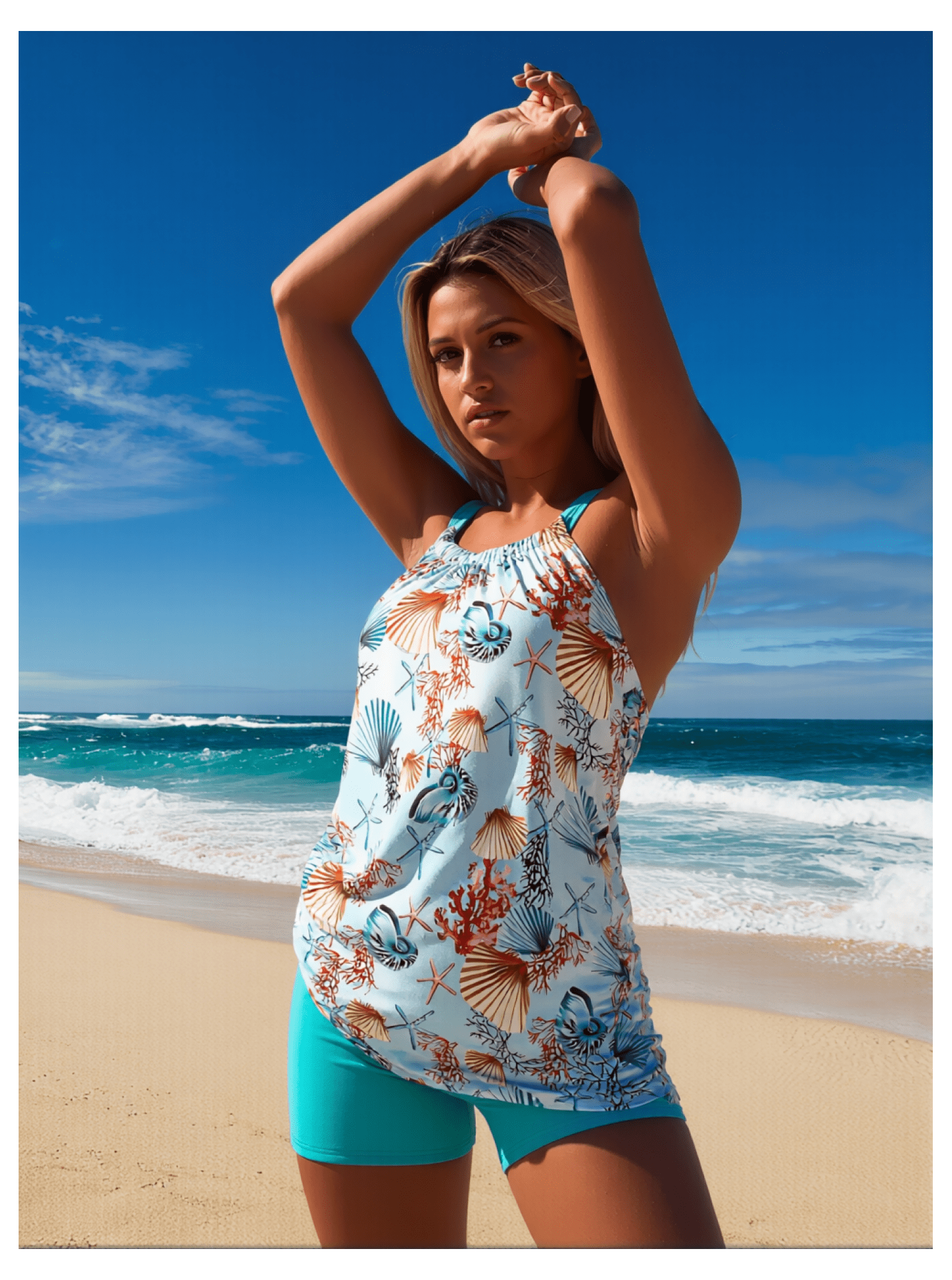 Women's Seashell Starfish Print Ruched Tankini Swimsuit - Two Piece with Turquoise Boyshorts, Beach Vacation Bathing Suit Sizes XL-4XL