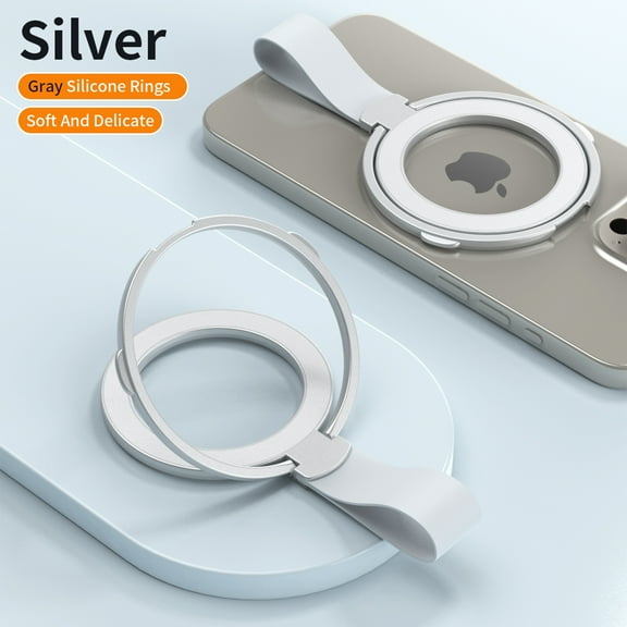 Dteck Magnetic Phone Holder for MagSafe,Rotating Magnetic Cell Phone Grip Holder Stand Finger Ring Kickstand with Silicone Loop Strap Compatible with iPhone 15 14 13 12,MagSafe Accessories,Silver Gray