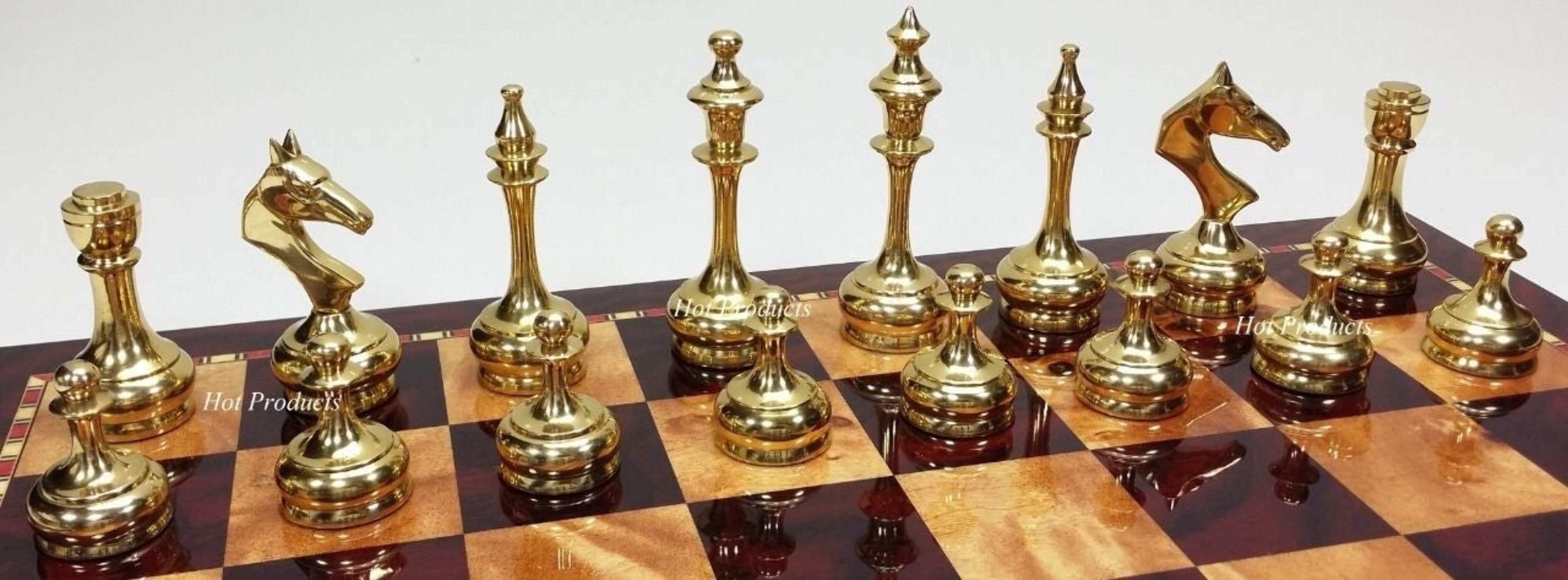 Brass Metal Gold  Black Modern Slim Staunton Chess Set 18" Cherry Color Board