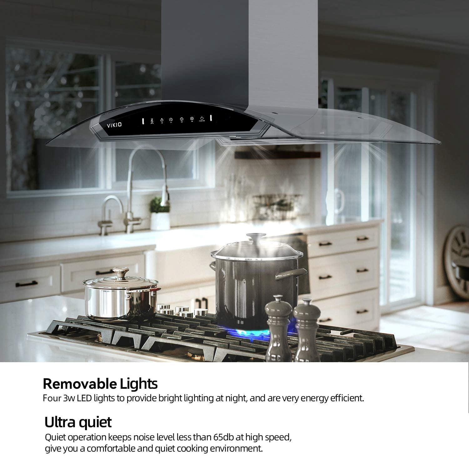 VIKIO 30 Inch Island Range Hood 900 CFM Stainless Steel Curved Glass Kitchen Vent Hood with Gesture Control Dual Side Touch Panel 4 LED Lights ETL Certified