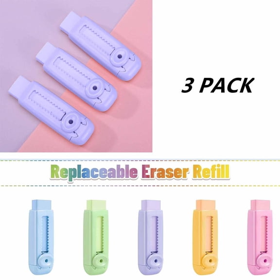 FEOLGEHLY 3 Pack Pencil Erasers, Rubber Push Roller Eraser, Traceless Less Scraps Creative Stationery Supplies for Office Use, Art Creation and Holiday Gifts, Purple
