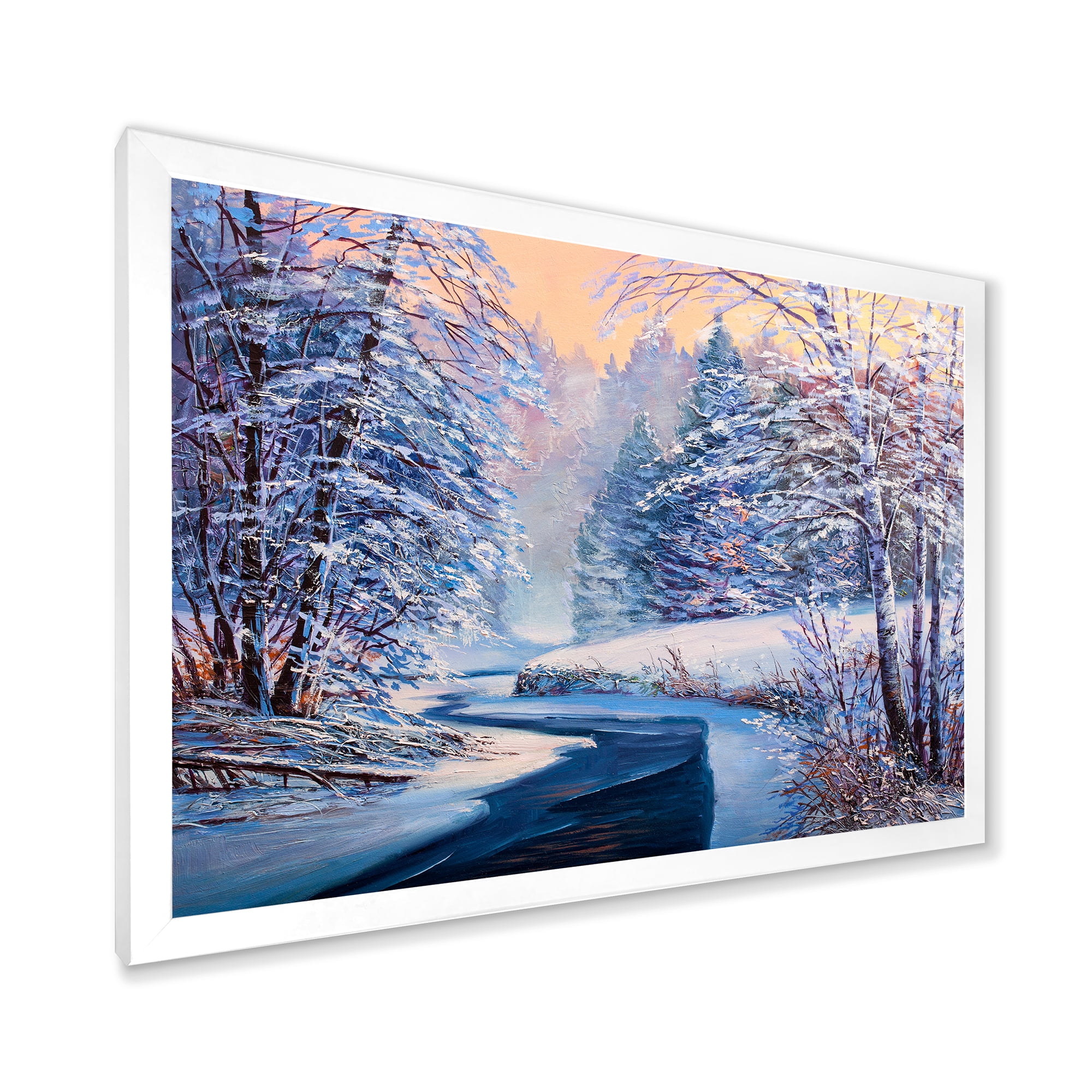 Designart 'Pastel Winter Forest With River' Lake House Framed Art Print