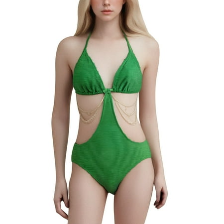 JIANJIA Womens Swimsuits Solid Color Spaghetti Strap Halter Brassiere With Thongs Fashion Sexy Swimsuit Two Piece Bikinis Swimwears Bathing Suits Green S