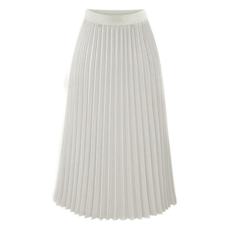 Kcocoo Womens Solid Pleated Elegant Midi Elastic Waist Maxi Skirt Chiffon  White M 