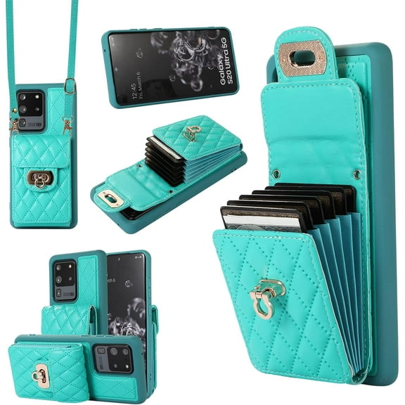 Phone Case for Samsung Galaxy S20 Ultra 5G Wallet Cover with Credit Card Holder Shoulder Crossbody Strap Long Lanyard Leather Cell Accessories S20ultra 20S S 20 A20 S2O 20ultra G5 Women Girls Green