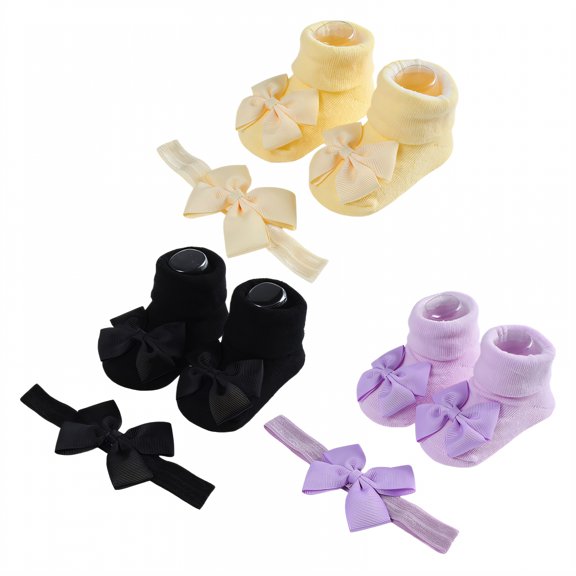 TELOLY 3Pairs Kids Socks,Bow Headband Baby Girl Socks,Baby Headband & Socks Toddler Socks 2T-3T,Combination1