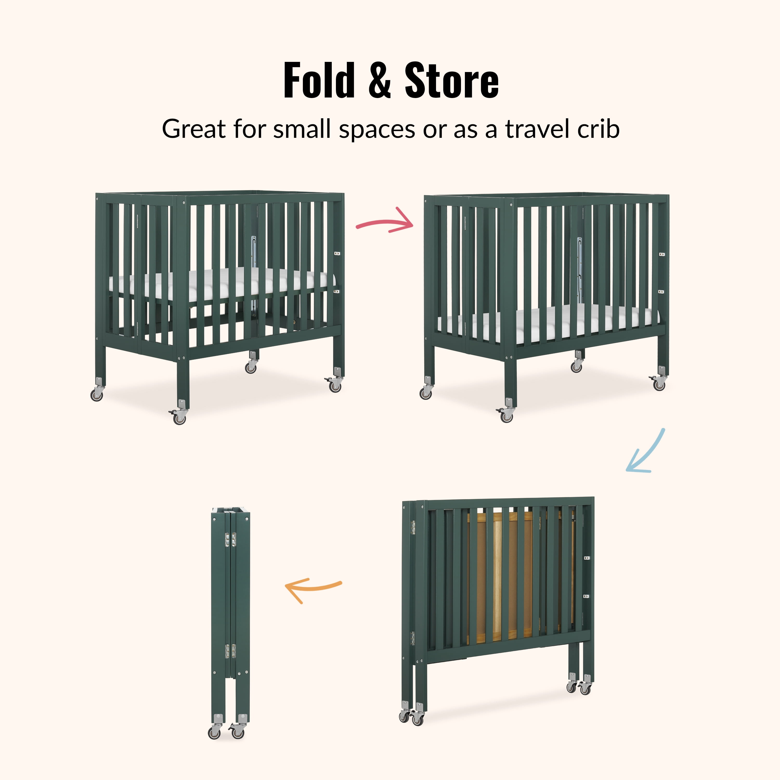 Dream On Me Jett Non-Full Size Folding Crib, Removable Wheels, Modern Nursey, Adjustable Mattress Support, Patent Folding System, Included 2.5” Mattress In Olive