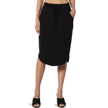 Women's Drawstring Elastic Waist Dolphin Hem Stretch Jersey Pocket Midi Skirt