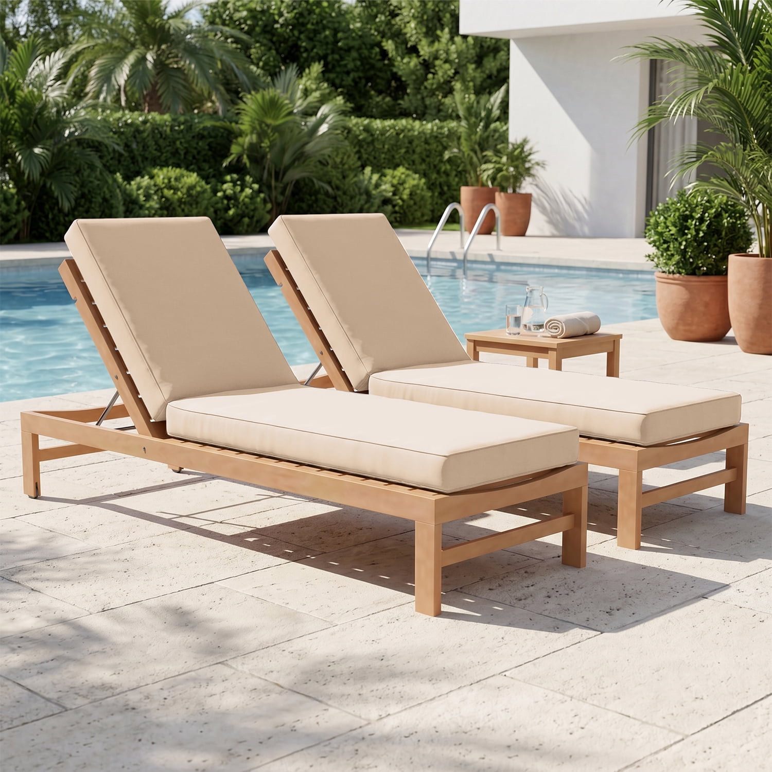 BaPiPro Beige 2‑Pack All‑Weather Outdoor Chaise Lounge Cushions, Waterproof High‑Density Patio Recliner Pads, Detachable Zipper Covers & Anti‑Slip Tie‑Downs, High‑Rebound Foam for Pool Garden Patio