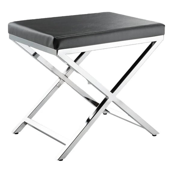 Benjara Myra 21" Accent Stool- Gray Faux Leather Seat- Chrome Crossed Legs