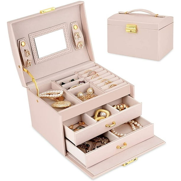 Qucyy Leather Jewelry Box with Key for Girls Women Rings Bracelets Earrings Necklaces Storage Velvet Lining Mirror Inside with 2 Drawers Portable