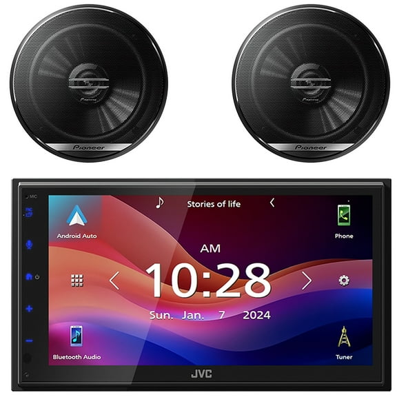 JVC KW-M695BW 6.8" WSVGA LCD Display Single-DIN Bluetooth USB/MP3 Digital Media Shallow Chassis Multimedia SiriusXM Ready Receiver, 2x Pioneer 6.5" 300W Max Power 2-Way Coaxial Car Audio Speakers