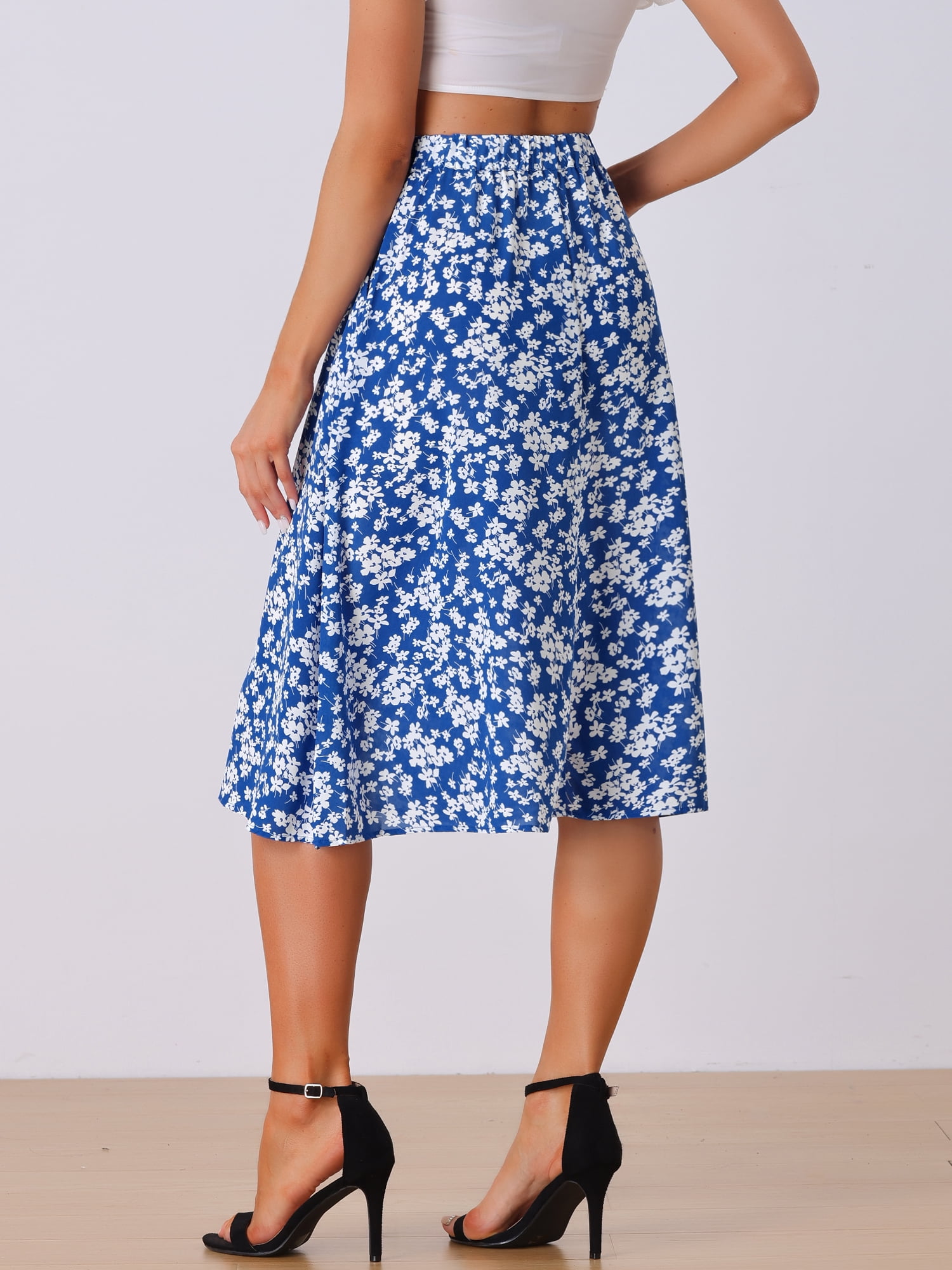DARING DIVA Women's Floral Print A-Line Midi Skirt Skirts L Blue White
