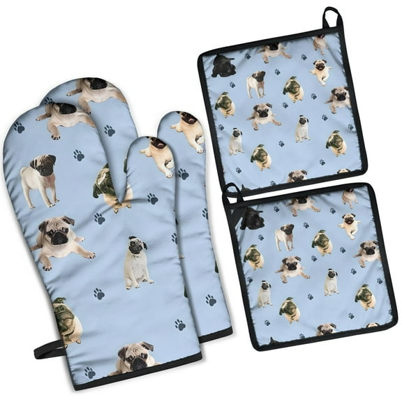 Pug and Footprints Kitchen Oven Mitt and Pot Holder Sets 2 Pcs for Baking, Cooking and Grilling, Heat Resistant Up To 392 °F