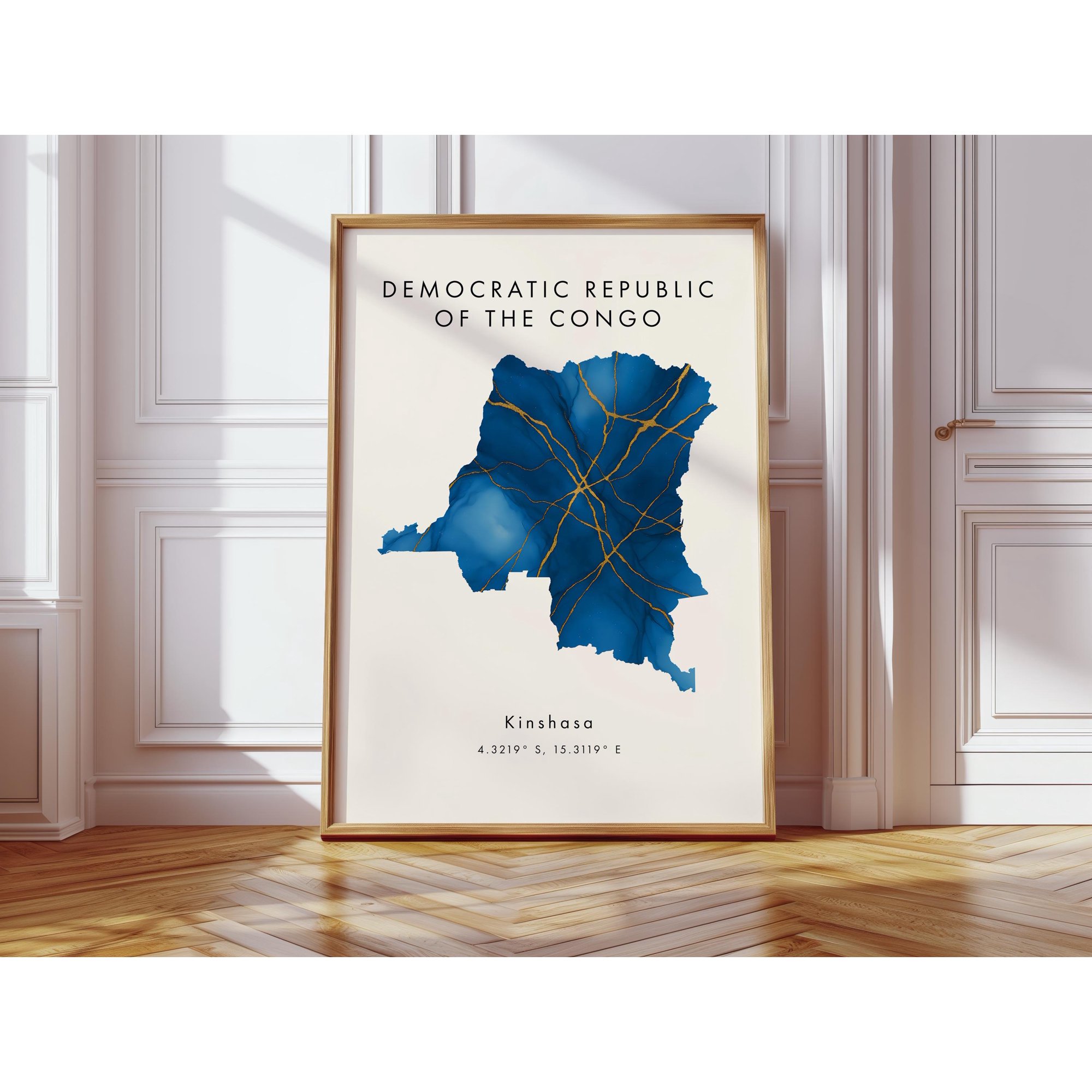 Democratic Republic of the Congo Map Poster Blue and Gold Africa Wall Art Print Home Decor Geography Map Gift Wallpaper
