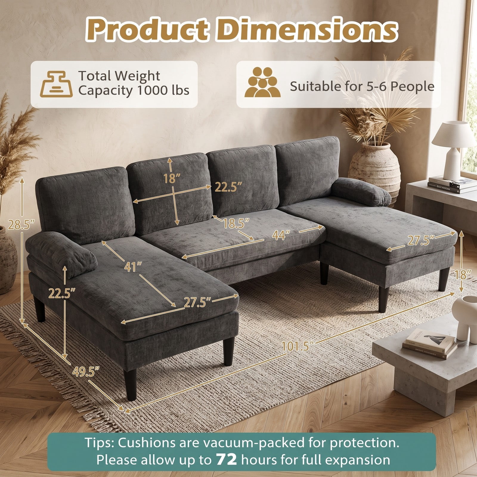 Furnibear U-Shaped Sectional Sofa Couch with Double Chaise Lounge, Modern Chenille Upholstered Modular Deep Seat Sectional Set for Living Room Apartment, Holds, Gray
